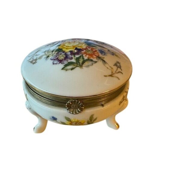 Vintage Napcoware Japan Porcelain Footed Trinket Box Floral Design Gold Trim - Picture 1 of 10